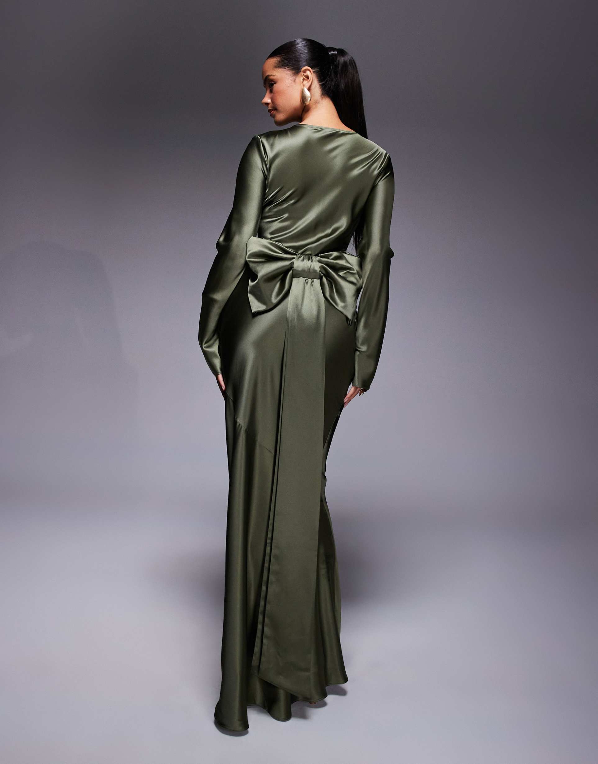 daska satin maxi dress with exaggerated bow back in khaki green