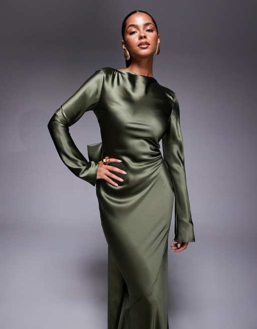 Daska satin maxi dress with exaggerated bow back in khaki green