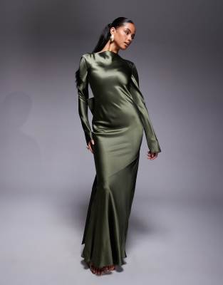 Daska satin maxi dress with exaggerated bow back in khaki green