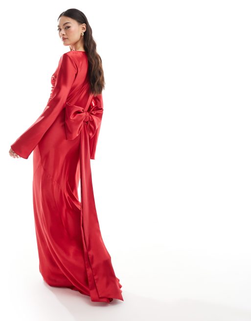 Daska satin maxi dress with exaggerated bow back in red