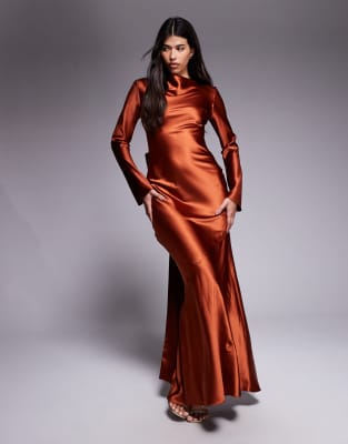 Daska Satin Maxi Dress With Exaggerated Bow Back In Brown