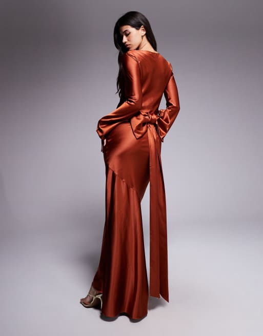 Daska satin maxi dress with exaggerated bow back in rust