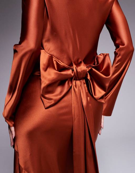 Daska satin maxi dress with exaggerated bow back in rust