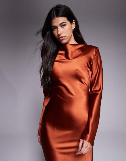 Daska satin maxi dress with exaggerated bow back in rust
