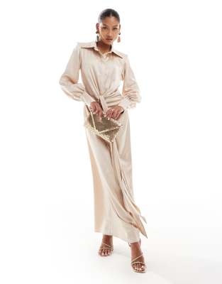 satin maxi shirt dress with twist detail in taupe-Neutral