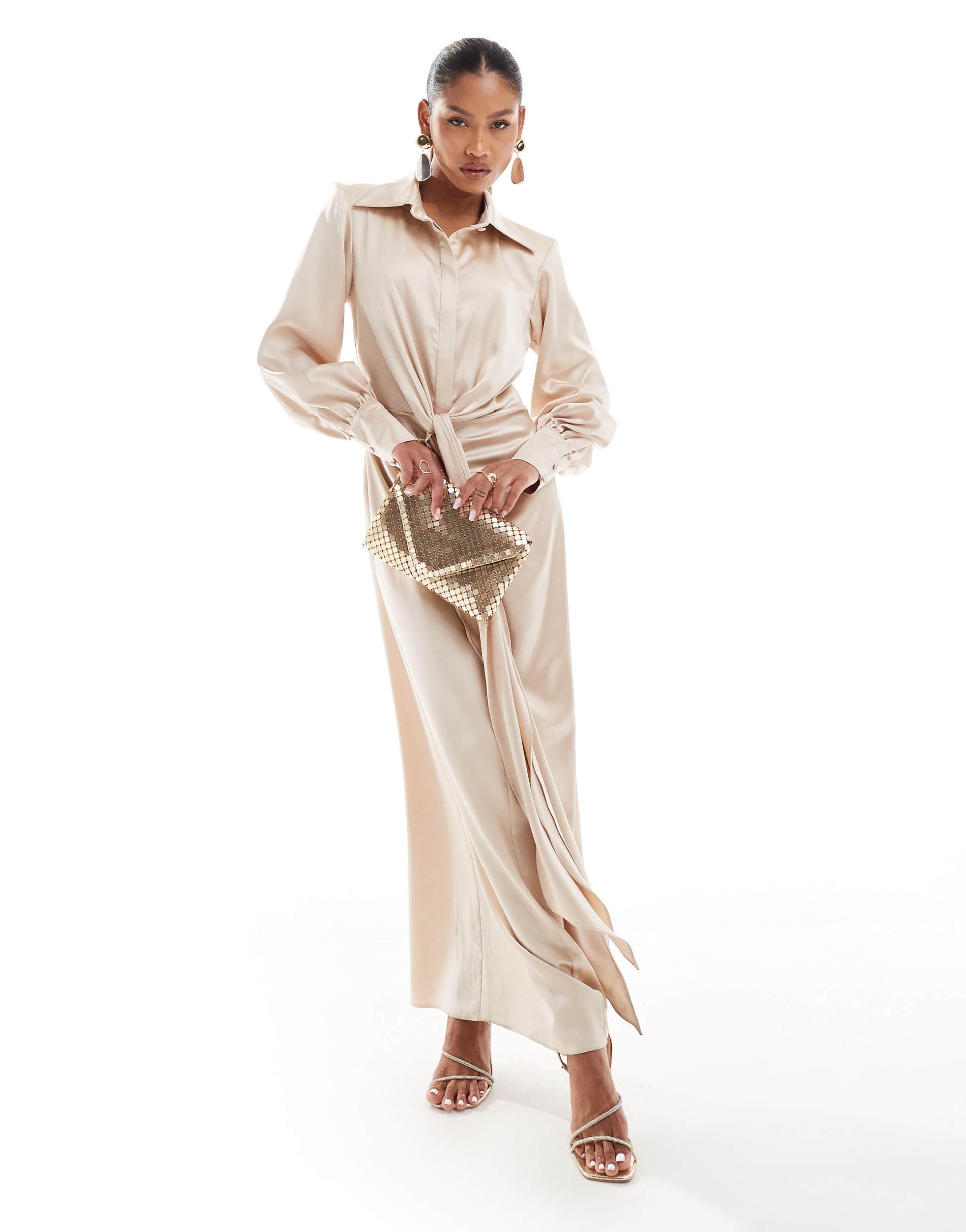 daska satin maxi shirt dress with twist detail in taupe