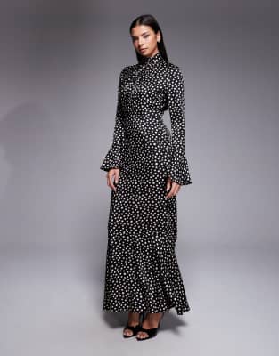 Daska - Satin-Maxikleid in Schwarz mit Polka Dots, Knotendetail und ausgestellten Ärmeln-Bunt