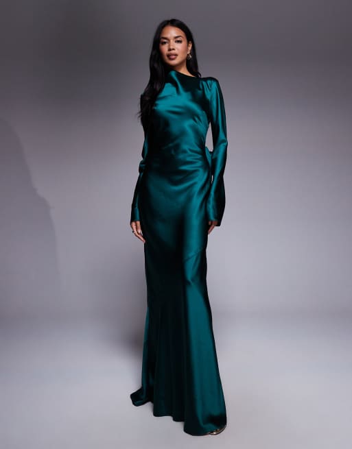 Daska – Satin-Maxikleid in Smaragdgrün mit auffälliger Schleife am Rücken, 2 von 4