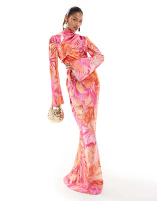 satin printed maxi dress with funnel sleeves in bright tropical print-Multi