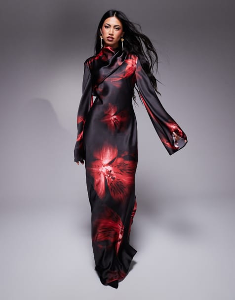 Daska satin printed maxi dress with funnel sleeves in print - view 1