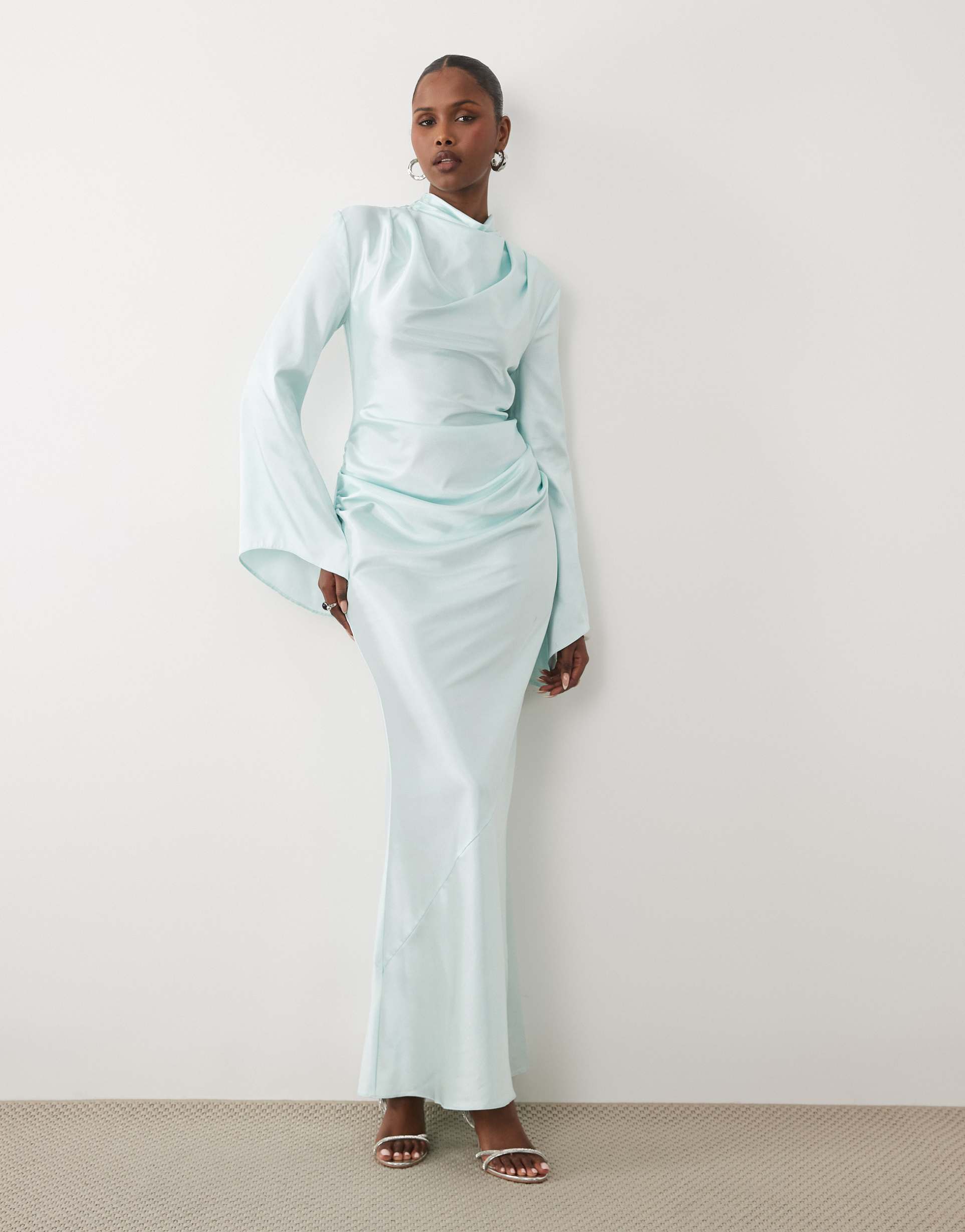 daska satin ruched high cowl neck maxi dress in ice blue