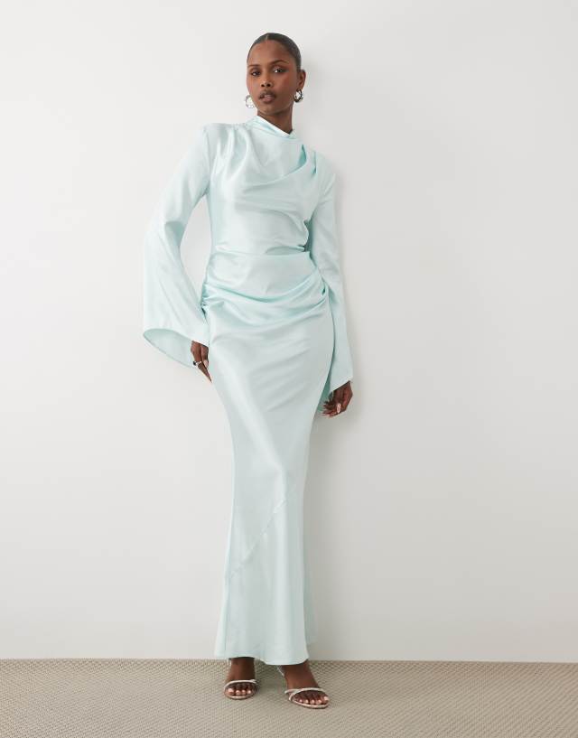 Daska satin ruched high cowl neck maxi dress in ice blue