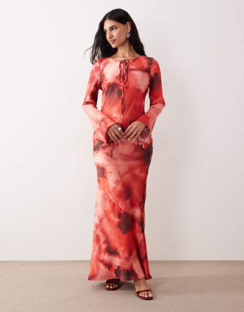 Daska satin tie detail maxi dress in blurred red print - view 1