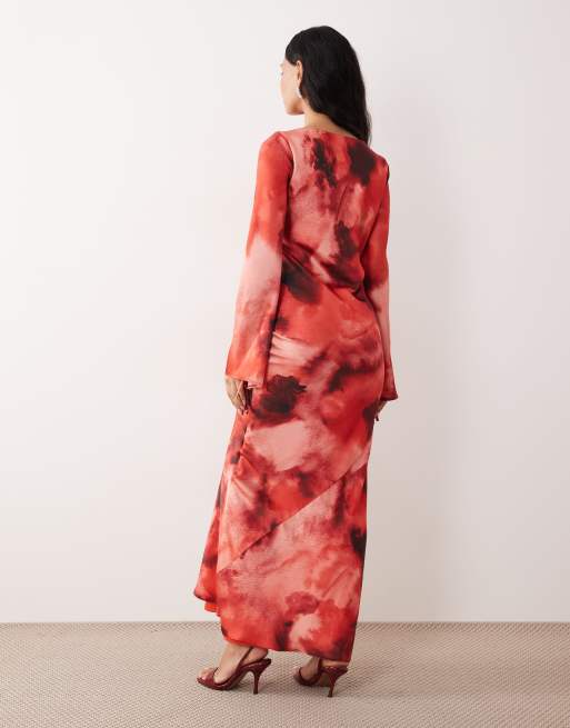 Daska satin tie detail maxi dress in blurred red print