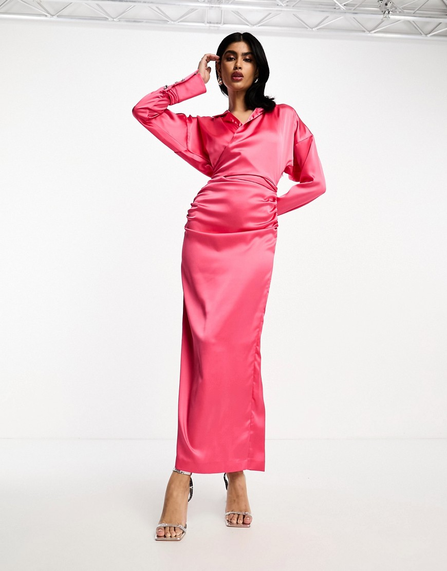 Daska satin wrap maxi shirt dress in pink
