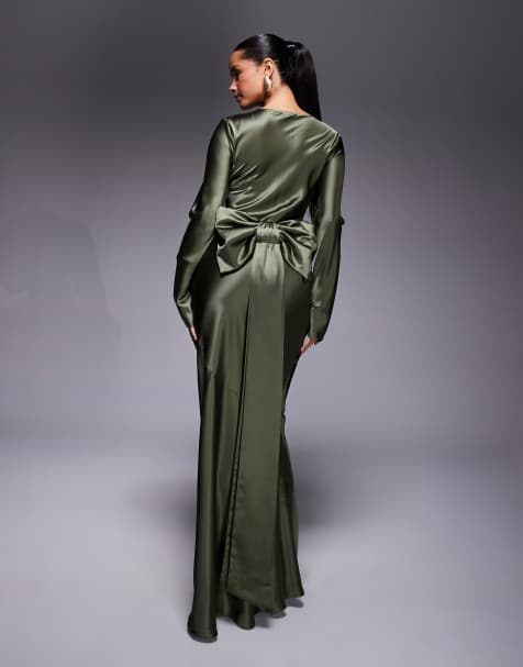Daska satin maxi dress with exaggerated bow back in khaki