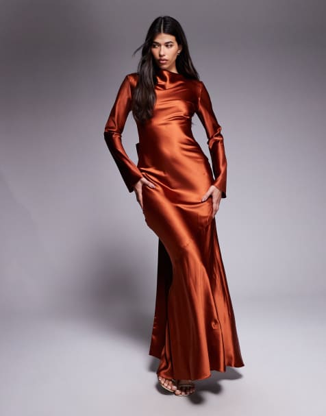Daska satin maxi dress with exaggerated bow back in rust
