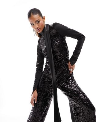 sequin jumpsuit with wide legs in black