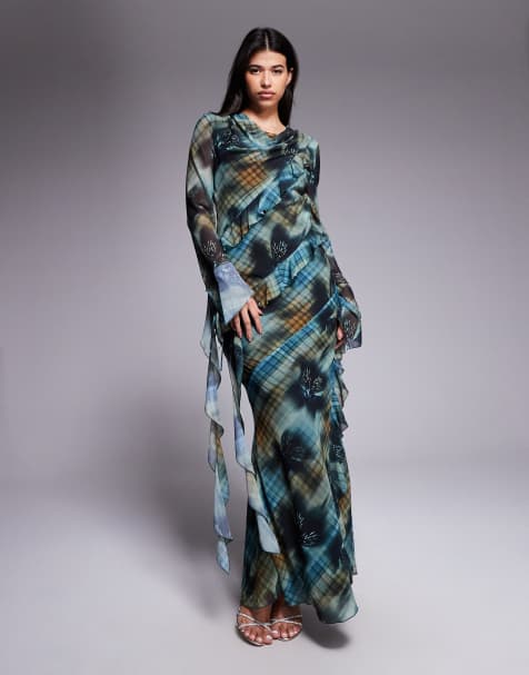 Daska – Skotskrutig maxiklänning med volang i chiffong - view 1