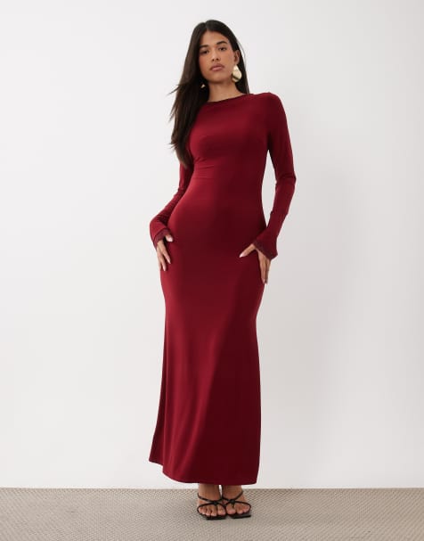Daska slash neck slinky maxi dress with lace trim detail in burgundy - view 1