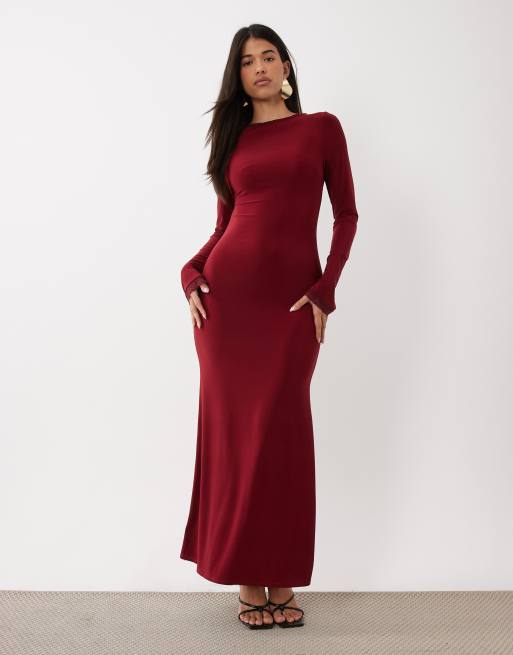 burgundy slinky maxi dress Daska slash neck with lace trim detail in the kind of cut