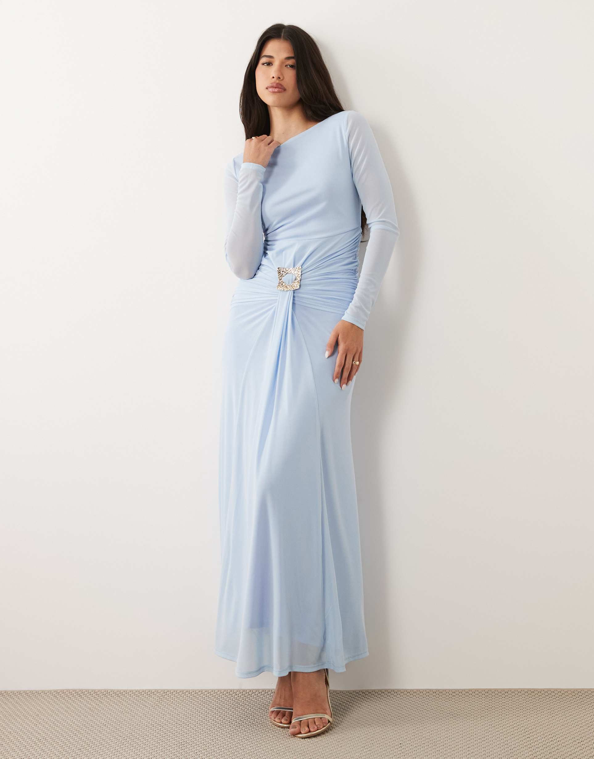 daska slash neck tie front trim detail maxi dress in sky blue