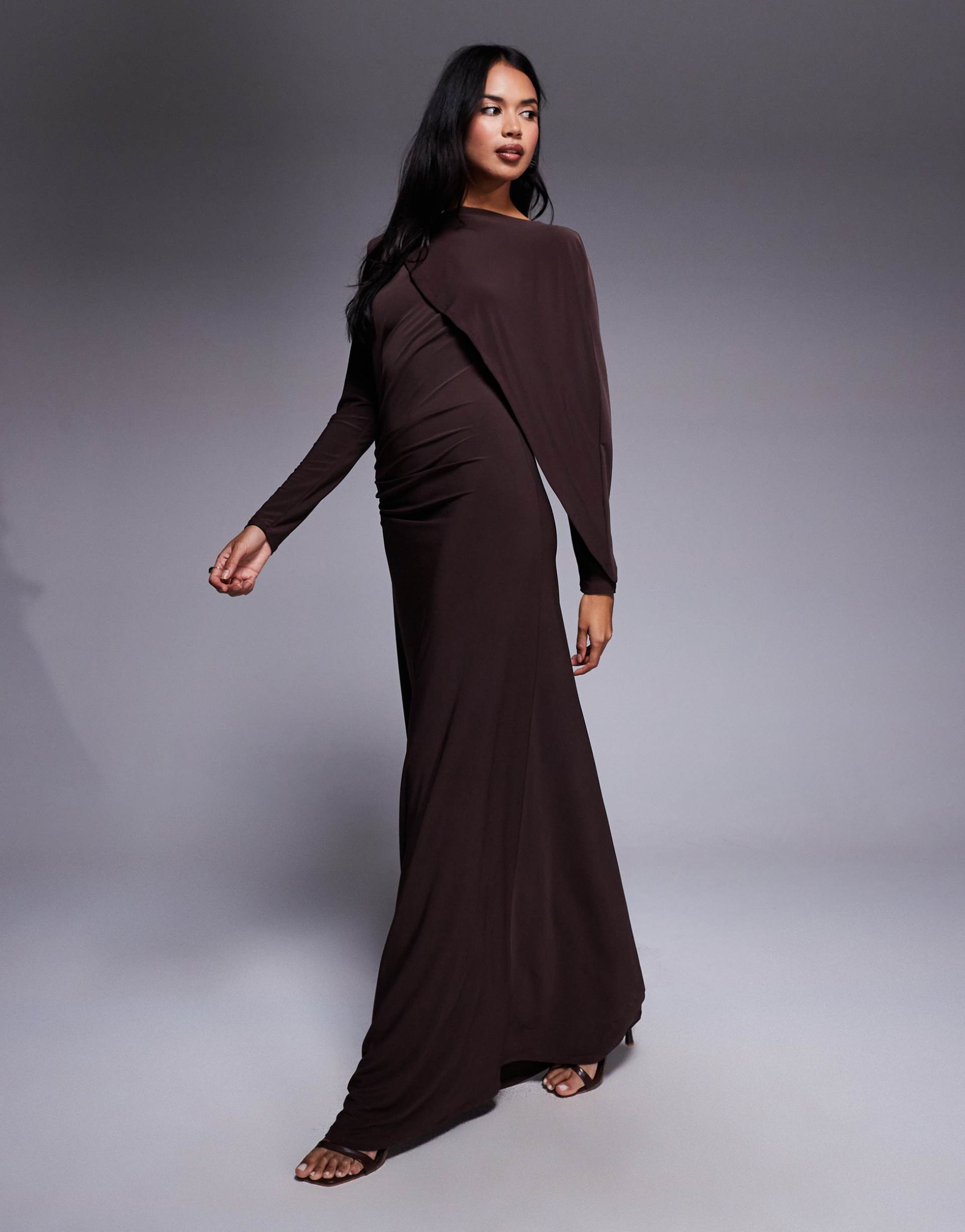 daska slinky cape detail maxi dress in chocolate brown