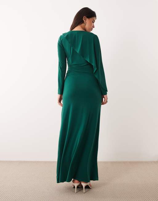 Daska slinky cape detail maxi dress in emerald green, 3 of 4
