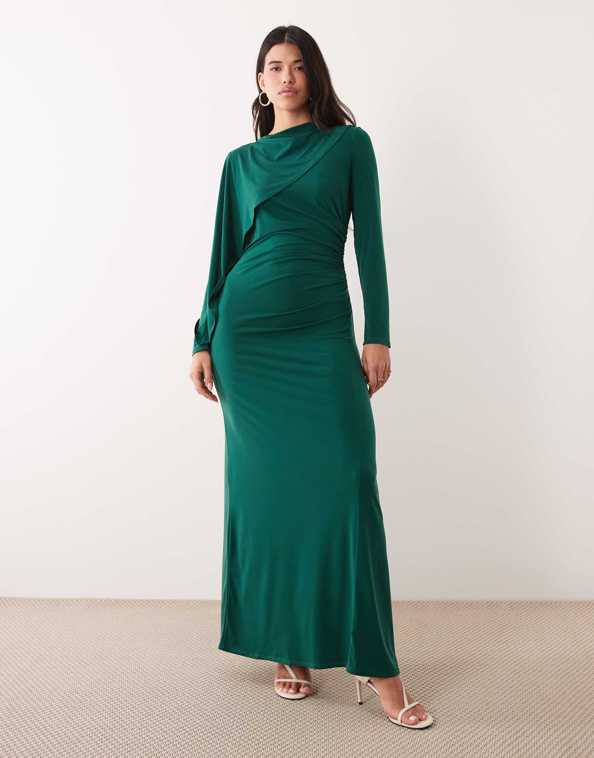 daska slinky cape detail maxi dress in pine green