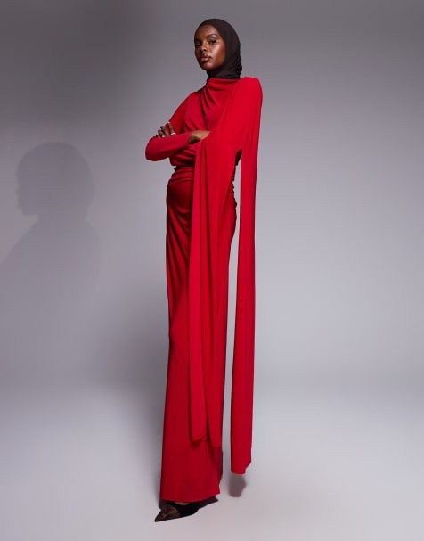 Daska slinky cape detail maxi dress in red