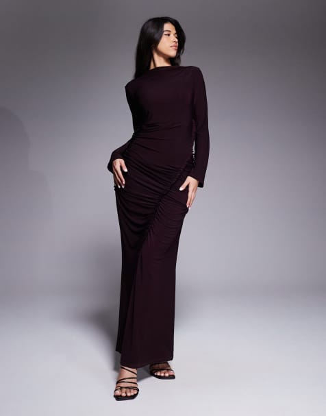 Daska slinky frill seam detail ruched maxi dress in wine