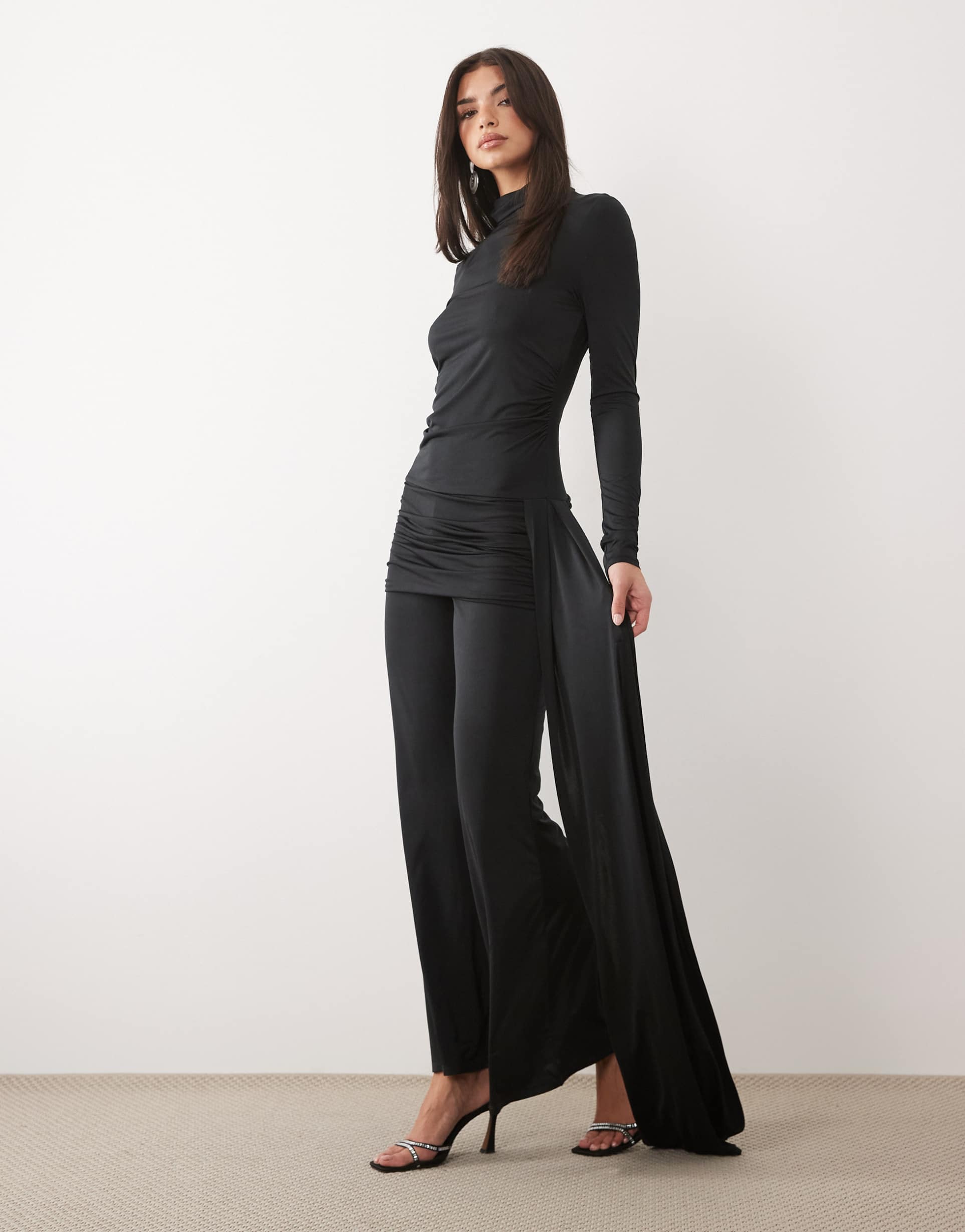 daska slinky high neck draped detail jumpsuit in black