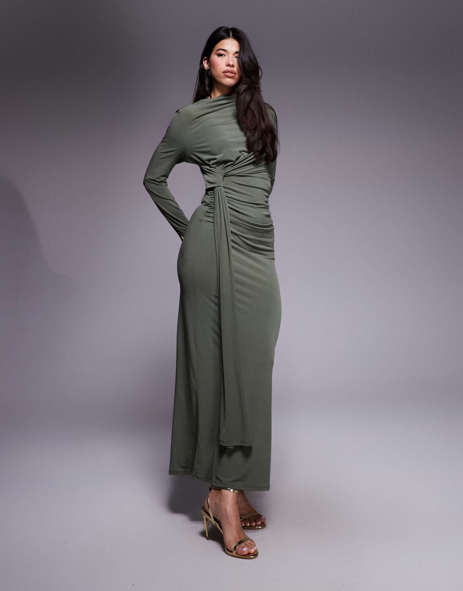 daska slinky high neck tie detail maxi dress in khaki