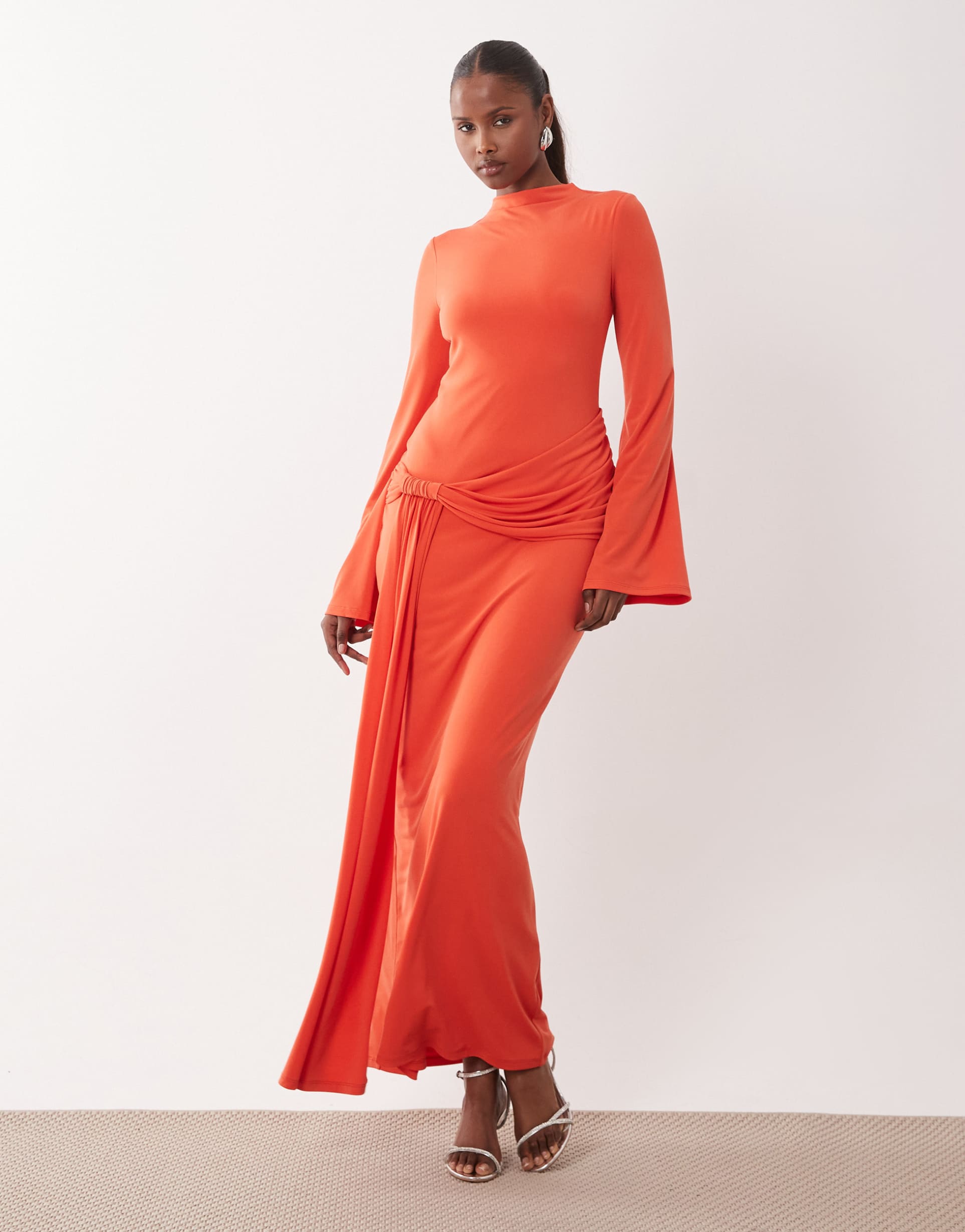 daska slinky long sleeve high neck twist drape detail maxi dress in orange