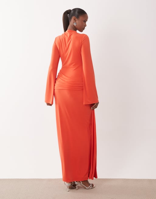 Daska slinky long sleeve high neck twist drape detail maxi dress in orange, 2 of 4