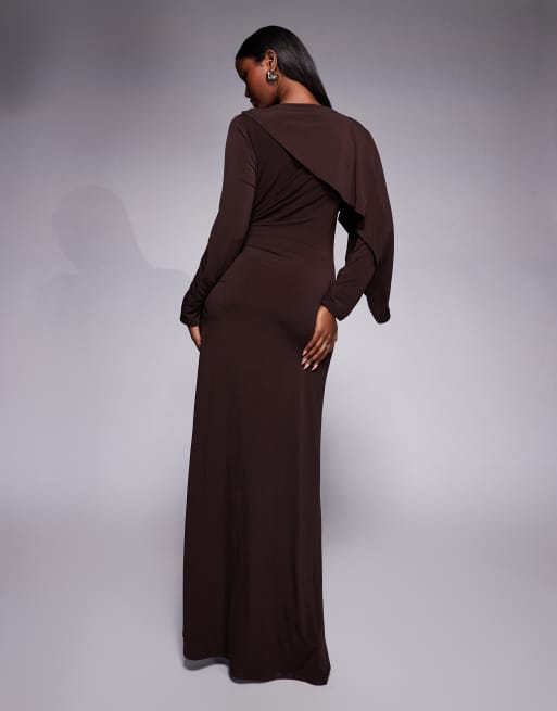 Daska slinky one cape detail maxi dress in chocolate, 3 of 4
