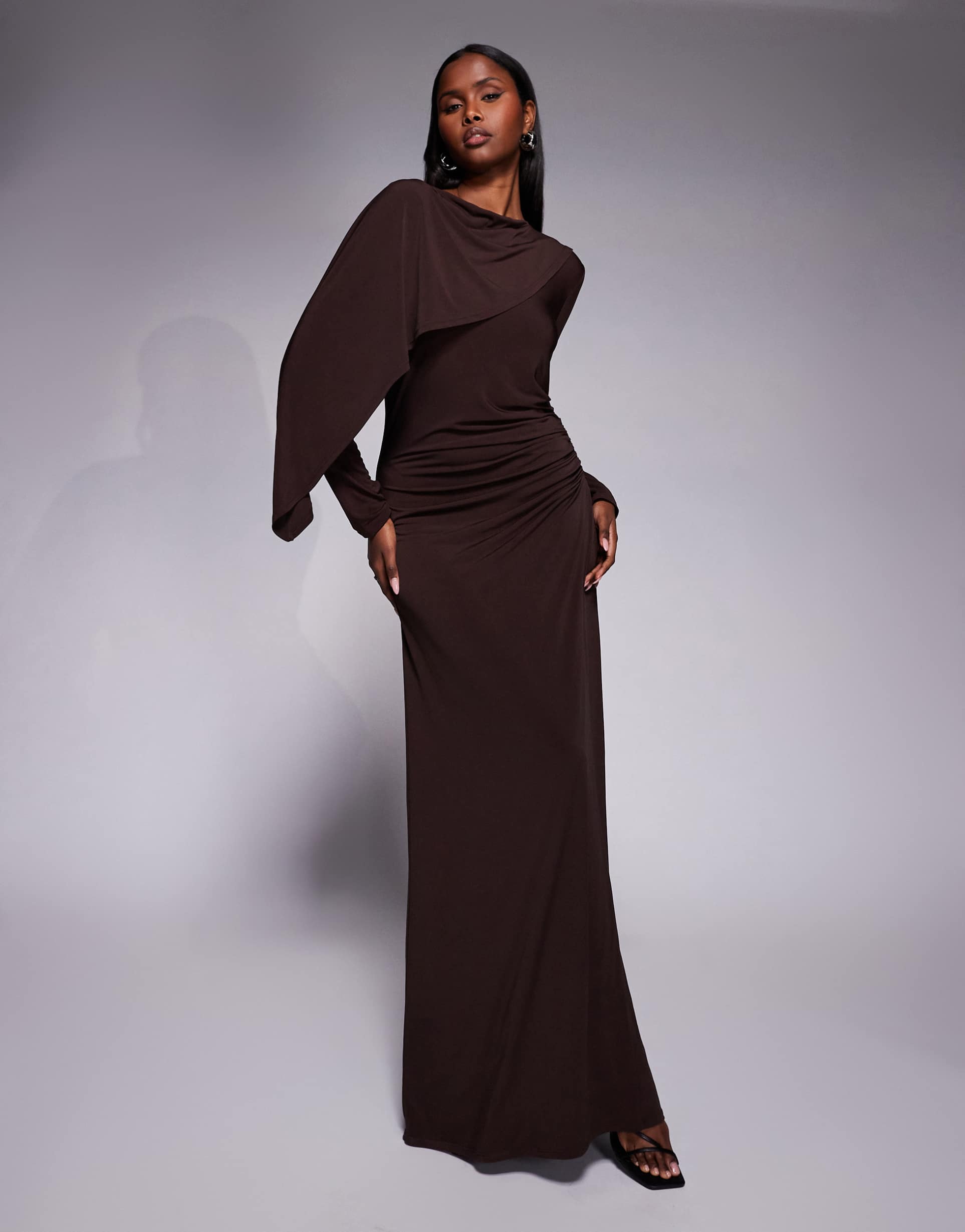 daska slinky one shoulder cape detail maxi dress in chocolate