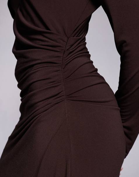 brown tight dresses Women's As Promised Brown Short Sleeve Cinched Waist Maxi Dress | Size: S
