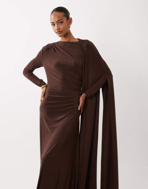 Daska slinky one shoulder cape maxi dress in chocolate, 2 of 4