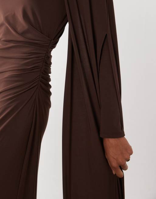 Daska slinky one shoulder cape maxi dress in chocolate, 4 of 4
