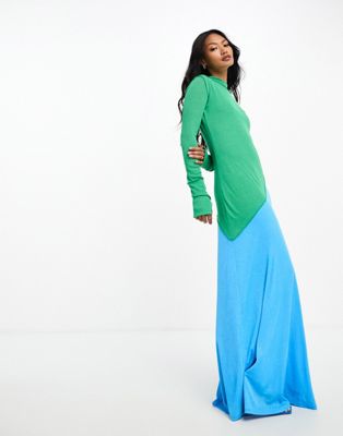Daska spliced high neck maxi dress in blue and green