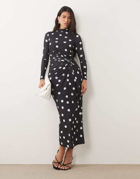 Daska stretch long sleeve high neck twist detail maxi dress in black polka dot - view 1
