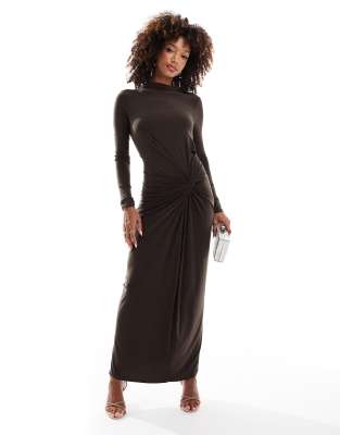 Daska Daska stretch long sleeve high neck twist detail maxi dress in chocolate brown