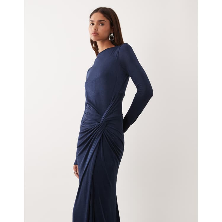 Daska stretch long sleeve high neck twist detail maxi dress in navy blue |  ASOS