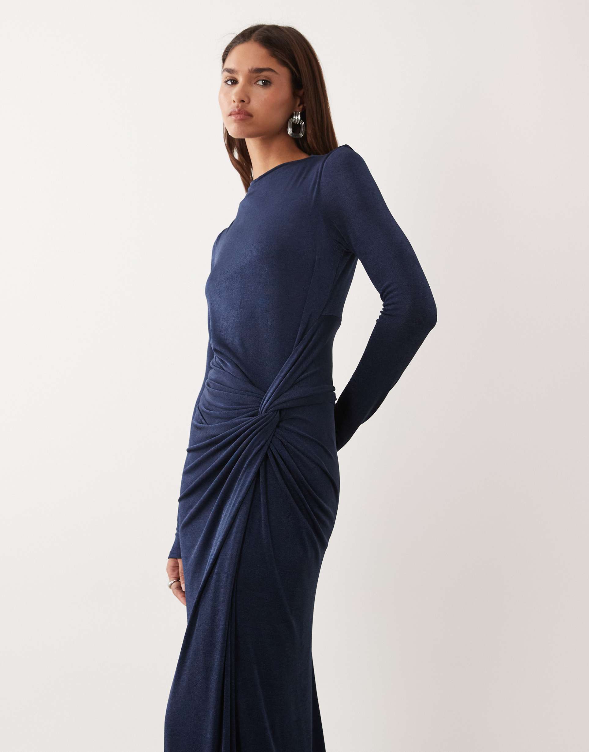 daska stretch long sleeve high neck twist detail maxi dress in navy blue