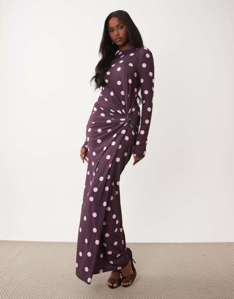 Daska stretch long sleeve high neck twist detail maxi dress in wine polka dot