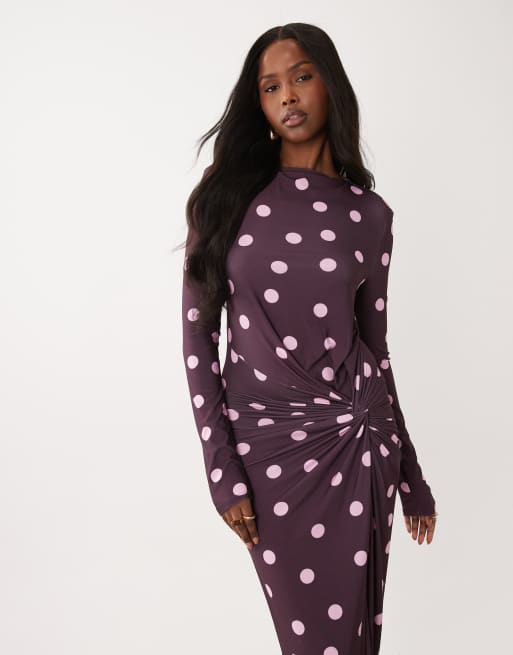 Daska stretch long sleeve high neck twist detail maxi dress in wine polka dot, 2 of 4