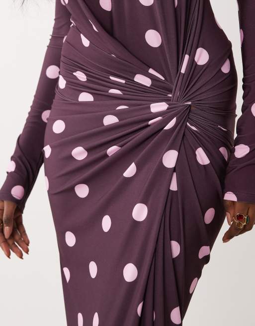 Daska stretch long sleeve high neck twist detail maxi dress in wine polka dot, 3 of 4