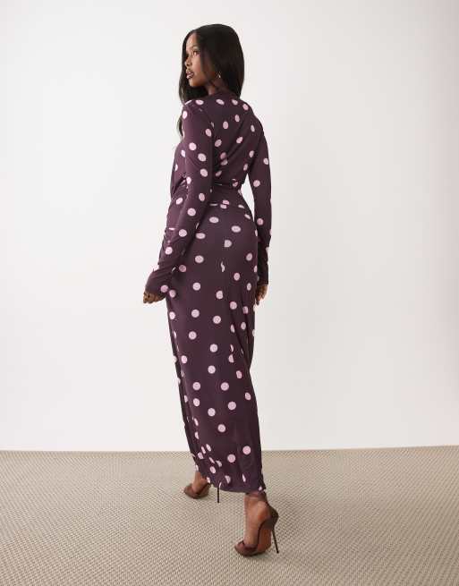 Daska stretch long sleeve high neck twist detail maxi dress in wine polka dot, 4 of 4