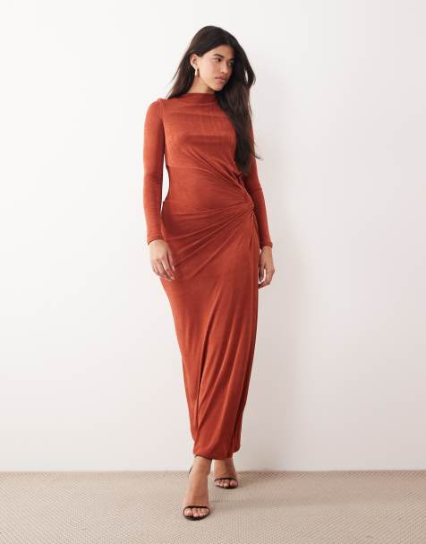 Daska stretch long sleeve high neck twist  maxi dress in rust